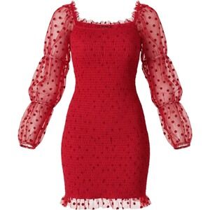 Eilly Bazar Red Polka Dot Smocked Mesh Mini Dress XS New With Tags